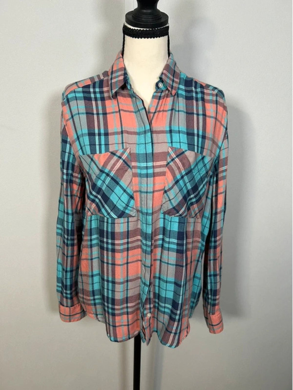 Express XS Plaid Button Front Shirt Coral Teal Navy Pocket Top